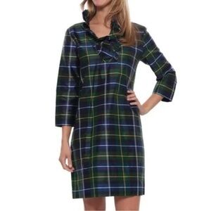 Devon Baer 100% Silk Kelly Green Plaid Ruffle Collar Holiday Party Shift Dress